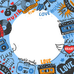 Love music round pattern vector illustration. Let your heart sing. Music make everything better. Love music. Cassette tape. Heart with headphones. Electric guitars. Listening to songs.