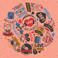 Love music round pattern vector illustration. Let your heart sing. Music make everything better. Love music. Cassette tape. Heart with headphones. Electric guitars. Listening to songs.