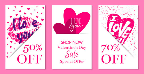 Fototapeta premium Happy Valentines day banners vector illustration. I love you. Wedding, marriage, save the date, bridal. Sales and discounts for holiday. Special offer. Pink lip print and hearts.