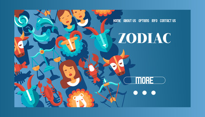 Zodiac signs banner web design vector illustration. Horoscope, astrology icons such as Aries, Taurus Gemini, Cancer Leo, Virgo Libra, Scorpio Sagittarius Capricorn, Aquarius, Pisces.