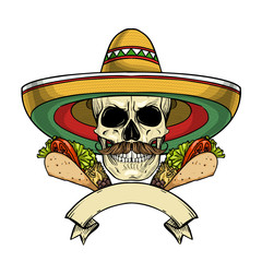 Hand drawn sketch, color skull with taco, sombrero and mustaches - 261222569
