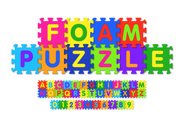 Foam puzzle font design, alphabet letters and numbers