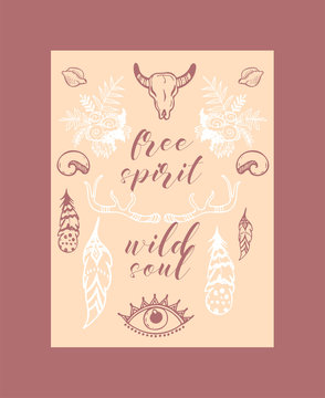 Boho hand drawn sposter, banner vector illustration. Scull, plants such as flowers with leaves, branch, feather with ornament, ethnic tribal eyes, shell, head. Free spirit wild soul.