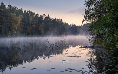 Beautiful landscape with lake fog and sunrise at autumn morning in Finland