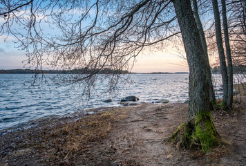 Mood sea landscape with sunrise and morning light at winter day in Finland
