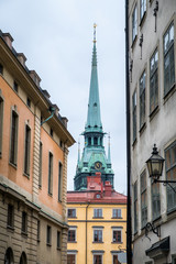 Fototapeta premium Stockholm old town alley, Sweden. Gamlastan: Stockholm old town. Colourful narrow street. Sweden