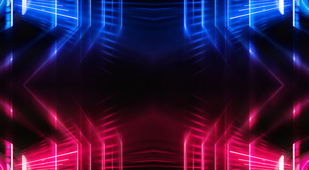 Abstract tunnel, corridor with rays of blue and pink light and neon highlights. Abstract blue and pink background, neon. Empty dark room with rays and lines. Brick walls, concrete floor. Night view. 3