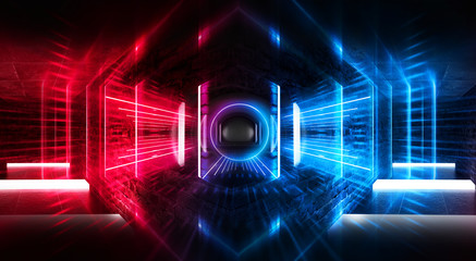 Obraz premium Abstract tunnel, corridor with rays of blue and pink light and neon highlights. Abstract blue and pink background, neon. Empty dark room with rays and lines. Brick walls, concrete floor. Night view. 3