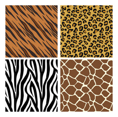 A set of animal print seamless pattern tile backgrounds. Tiger, giraffe, zebra and cheetah skins.