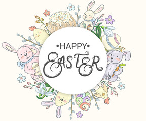 Happy Easter. Background with bunnies, cakes, eggs and flowers