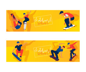 Skateboard boys set of banners vector illustration. Young guys riding and doing tricks on skate. Spending free time. Healthy lifestyle concept. Learning in school. Active hobby.