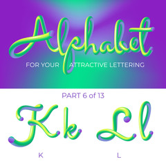 3D neon led alphabet font. Logo K letter, L letter with rounded shapes. Matte three-dimensional letters from the tube, rope green and purple.  Tube Hand-Drawn Lettering. Typography for Music Poster, S