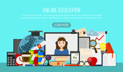 Distance education banner. Online courses, e-learning, tutorials. testing vector illustration. Desktop computer, headphones, keyboard, calculator. Video call with web cam.