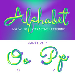 3D neon led alphabet font. Logo P letter, O letter with rounded shapes. Matte three-dimensional letters from the tube, rope green and purple.  Tube Hand-Drawn Lettering. Typography for Music Poster, S