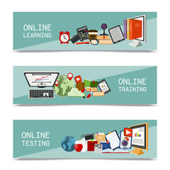 Distance education set of banners. Online courses, webinar, quizzing, e-learning, tutorials vector illustration. Desktop computer, headphones, keyboard, calculator, tablet.