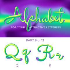 3D neon led alphabet font. Logo Q letter, R letter with rounded shapes. Matte three-dimensional letters from the tube, rope green and purple.  Tube Hand-Drawn Lettering. Typography for Music Poster, S