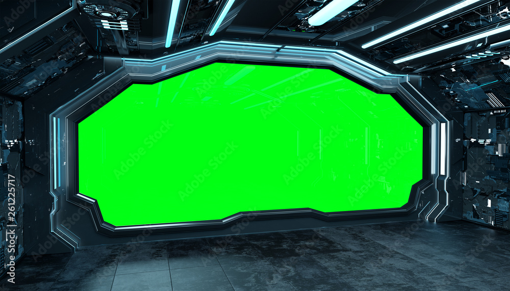 Poster dark blue spaceship futuristic interior mockup with window 3d rendering