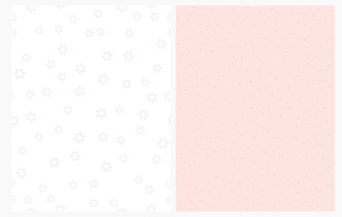 Delicate Stars and Polka Dots Seamless Vector Pattern. Bright Pastel Color Nuresery Repeatable Design. Pink and Gray Stars Isolated on a white Background. Pink and White Dots on a Light Pink Layout.