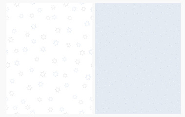 Delicate Stars and Polka Dots Seamless Vector Pattern. Bright Pastel Color Nuresery Repeatable Design. Blue and Gray Stars Isolated on a white Background. Blue and White Dots on a Light Blue Layout.