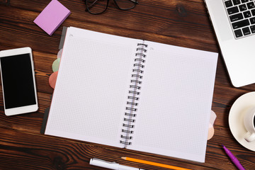 Office desk table with supplies. Flat lay Business workplace and objects. Top view. Copy space for text