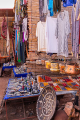 Clothes and souvenirs in a street store near Ait Benhaddou village in Morocco
