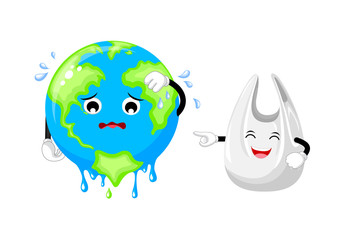 Sadness cartoon globe character and plastic bag. Global warming concept. Planet earth character melted. Illustration isolated on white background.
