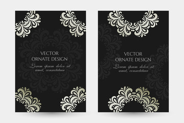 Silver ring in classical style. Luxury vertical posters with ornaments on the black background. Vector design with decorative elements and copy space for vip invitation, funeral cards and other.