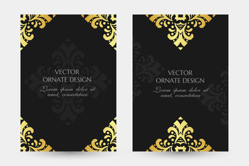 Gold decorative rhombus. Luxury vertical posters with ornaments on the black background. Vector design with decorative elements and copy space for vip invitation, funeral cards and other.
