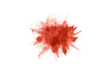 living coral color powder explosion on white background. Colored cloud. Colorful dust explode. Paint Holi.