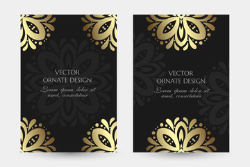 Bronze floral decor. Luxury vertical posters with ornaments on the black background. Vector design with decorative elements and copy space for vip invitation, funeral cards and other.