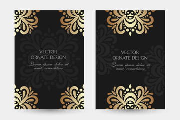 Bronze floral motif. Luxury vertical posters with ornaments on the black background. Vector design with decorative elements and copy space for vip invitation, funeral cards and other.
