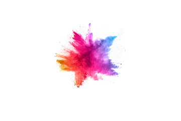 Fototapeta na wymiar Multicolor powder explosion on White background. Colored cloud. Colorful dust explode. Paint Holi.