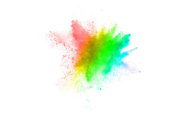 Multicolor powder explosion on White background. Colored cloud. Colorful dust explode. Paint Holi.