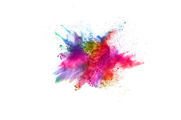 Multicolor powder explosion on White background. Colored cloud. Colorful dust explode. Paint Holi.