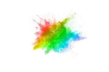 Fototapeta na wymiar Multicolor powder explosion on White background. Colored cloud. Colorful dust explode. Paint Holi.