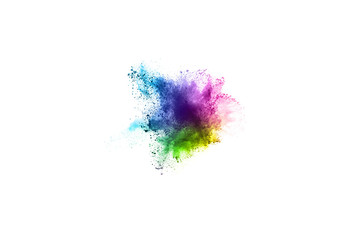 Multicolor powder explosion on White background. Colored cloud. Colorful dust explode. Paint Holi.