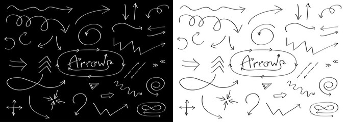 Handdrawn doodle arrows line icon set. Hand drawn black arrow sketch. Sign symbol collection. Decoration template element. Black white background. Isolated. Flat design.