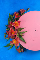 Pink vinyl record with flowers. Color blocking flat lay concept. Musical floral still life on a blue background with copy space