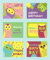 Owl set of birthday cards vector illustration. Welcome to my birthday. Make a wish. Cute cartoon wise birds with wings of different color for invitations and celebration party.