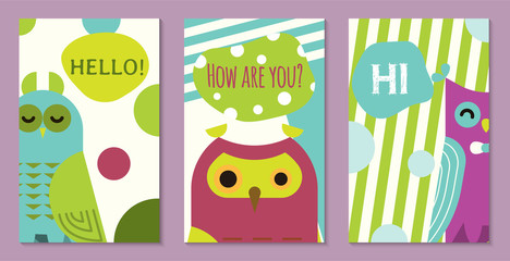 Owl set of banners vector illustration. Hello, hi, how are you. Cute cartoon wise birds with wings of different color for greeting cards and celebration party. Owls with closed eyes.