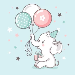Fotobehang Dieren met ballon Schattige witte babyolifant houdt een slurf met ballonnen vast. Uitnodigingskaart voor babyshower.