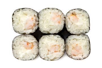 Top view closeup japanese classic sushi rolls with shrimp isolated at white background.