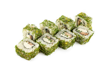 Closeup set of sushi rolls with dill, eel and cucumber isolated at white background.