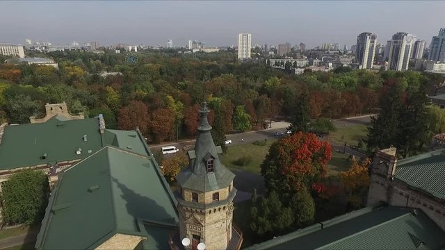 Architectural monument of the 19th century. Brick building of the main building of the Ukrainian Polytechnic University in Kiev. View from above. Drone.