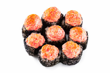 Closeup hot sushi rolls set with black masago caviar and  cream cheese isolated at white background.