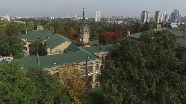Architectural monument of the 19th century. Brick building of the main building of the Ukrainian Polytechnic University in Kiev. View from above. Drone.