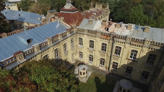 Architectural monument of the 19th century. Brick building of the main building of the Ukrainian Polytechnic University in Kiev. View from above. Drone.