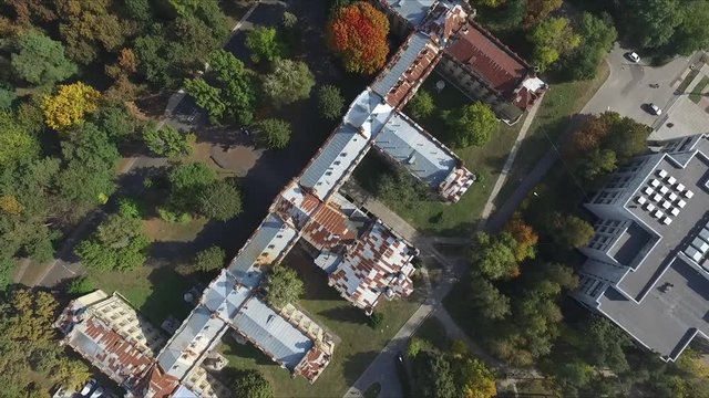 Architectural monument of the 19th century. Brick building of the main building of the Ukrainian Polytechnic University in Kiev. View from above. Drone.