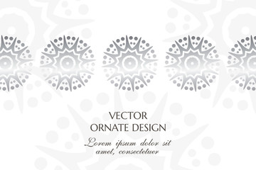 Silver star shape motif. Graceful horizontal banner with ornamental border on the white background. Vector design with decorative elements and copy space for wedding invitation, anniversary card