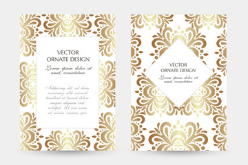 Bronze floral motif. Stylish vertical posters with ornamental frames on the white background. Vector design with decoration elements and copy space for wedding invitation, anniversary cards and other.